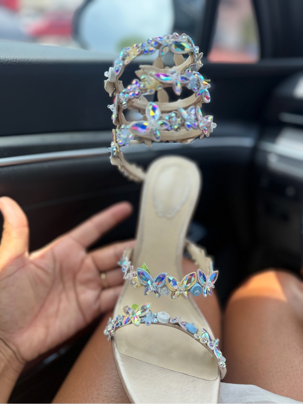 Rene Caovilla Iridescent Crystal Beige Strappy Heel